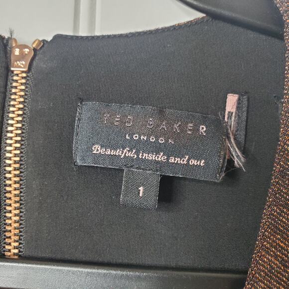 Ted Baker Women's Lizzey Metallic Copper Dress Size 4 Long Sleeve Twist Front - Picture 6 of 7